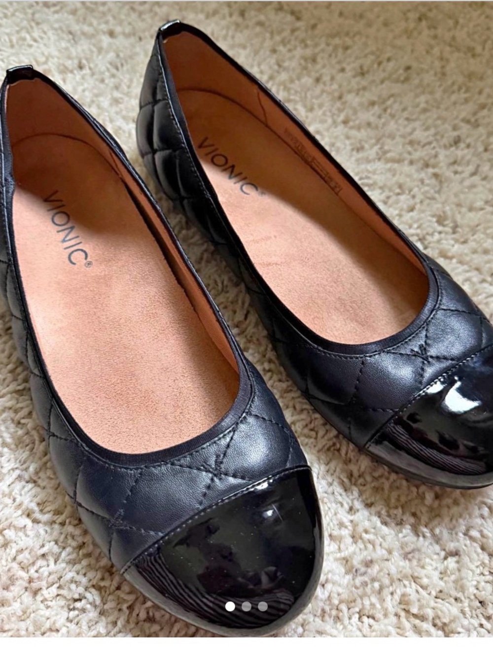 Vionic Black Quilted Ballet Flats with Patent Cap-Toe